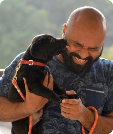 Happy Pet app mockup with pet parents and floating feature cards