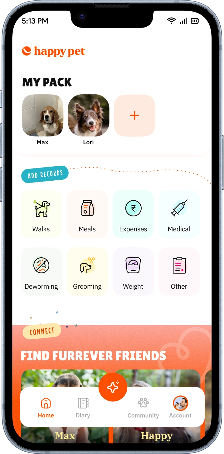 Happy Pet app mockup with pet parents and floating feature cards